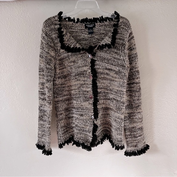 Tashia London | Brown Cashmere Rustic Knit Fringed Button Front Cardigan, Large - Picture 1 of 6